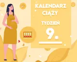Kobieta w 9 tygodniu ciąży, z widocznym brzuszkiem, na tle kalendarza ciąży.
