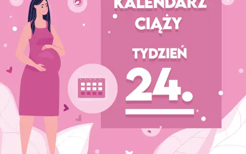 Kobieta w 24 tygodniu ciąży, który to miesiąc, trzyma się za brzuch. Obok kalendarz i napis "Kaledarz ciąży tydzień 24".