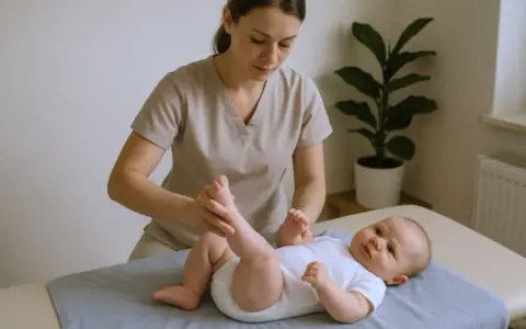 Fizjoterapeuta niemowlęcy delikatnie masuje nóżki dziecka leżącego na macie.