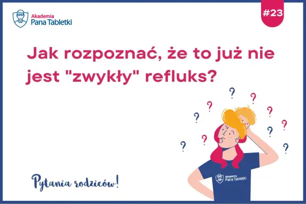 Kiedy mija refluks u niemowlaka? Ilustracja przedstawia zamyślonego rodzica z dzieckiem na ramionach, otoczonego znakami zapytania, symbolizującymi wątpliwości.
